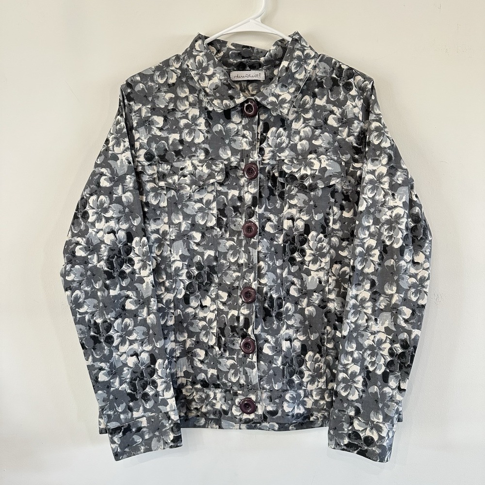 Womens Keren Hart Dressy Button Up Denim Jacket Floral Blue White Medium Stretch